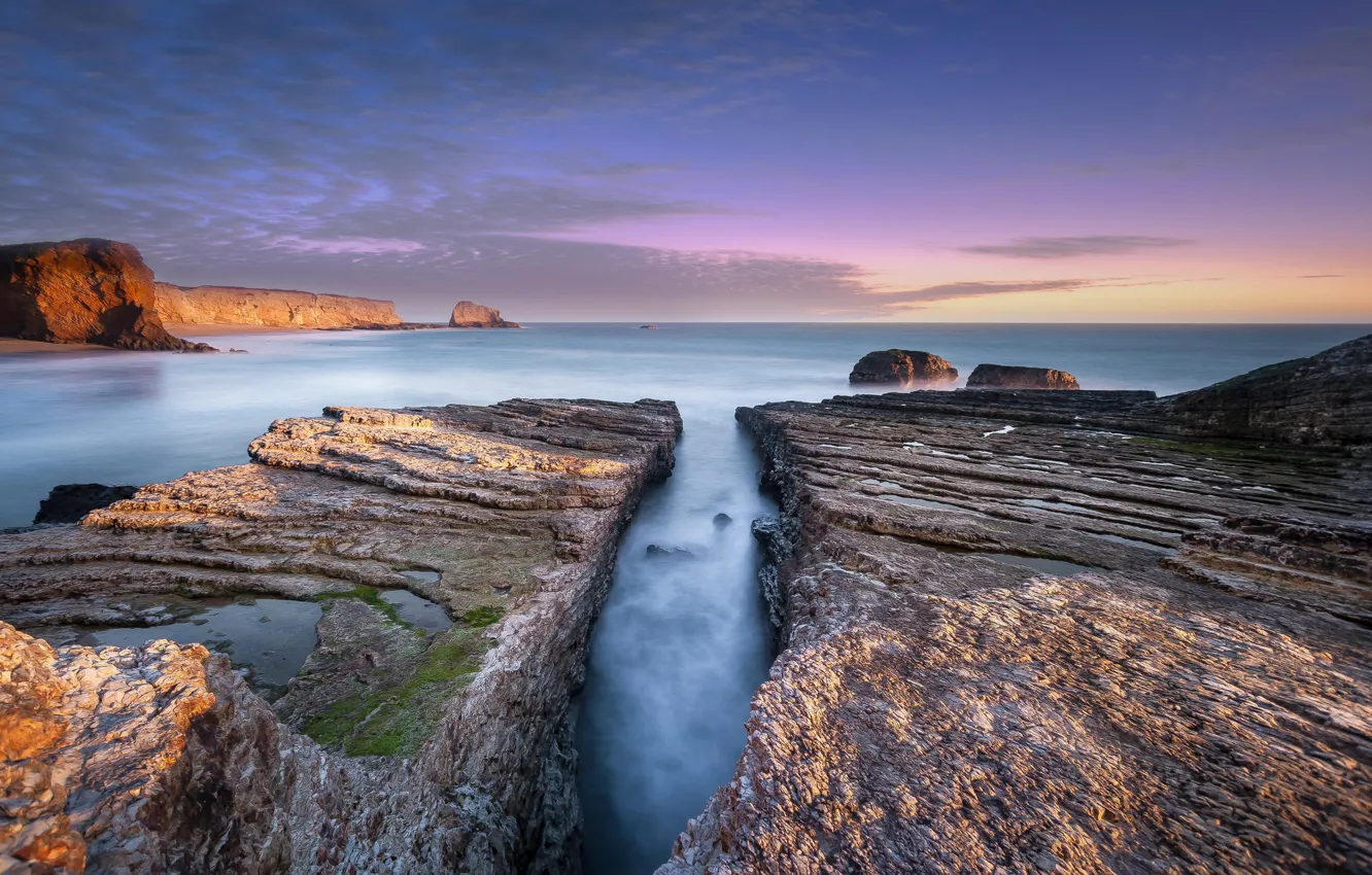 Фото обои море, природа, камни, скалы, берег, расвет