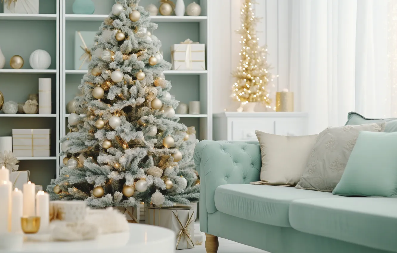 Фото обои комната, елка, интерьер, Рождество, Новый год, Christmas, tree, interior