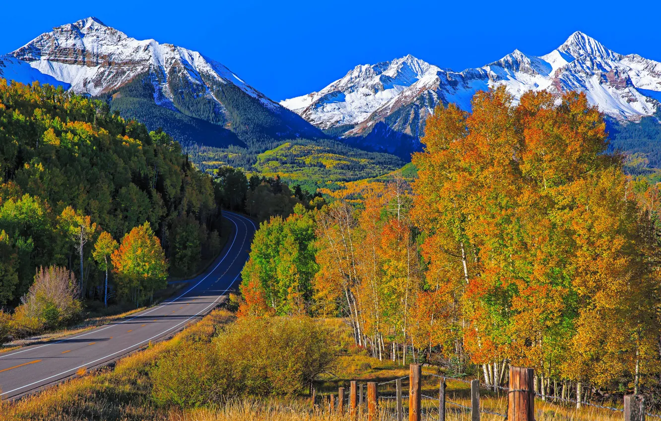 Фото обои дорога, осень, деревья, горы, Колорадо, США, Теллерайд