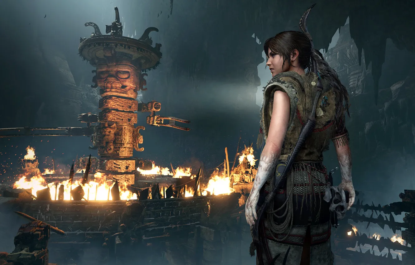 Фото обои огонь, волосы, Tomb Raider, Лара Крофт, ловушки, Shadow of the Tomb Raider, грабница