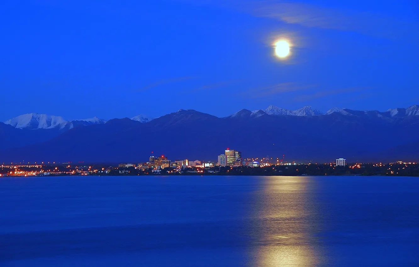 Фото обои горы, отражение, луна, горизонт, Аляска, moon, skyline, mountains