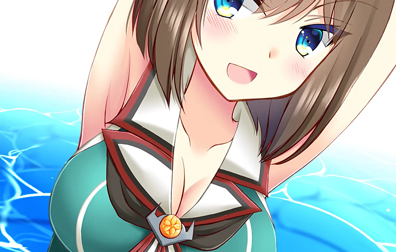 Фото обои girl, sexy, cleavage, blouse, sea, brown hair, boobs, anime