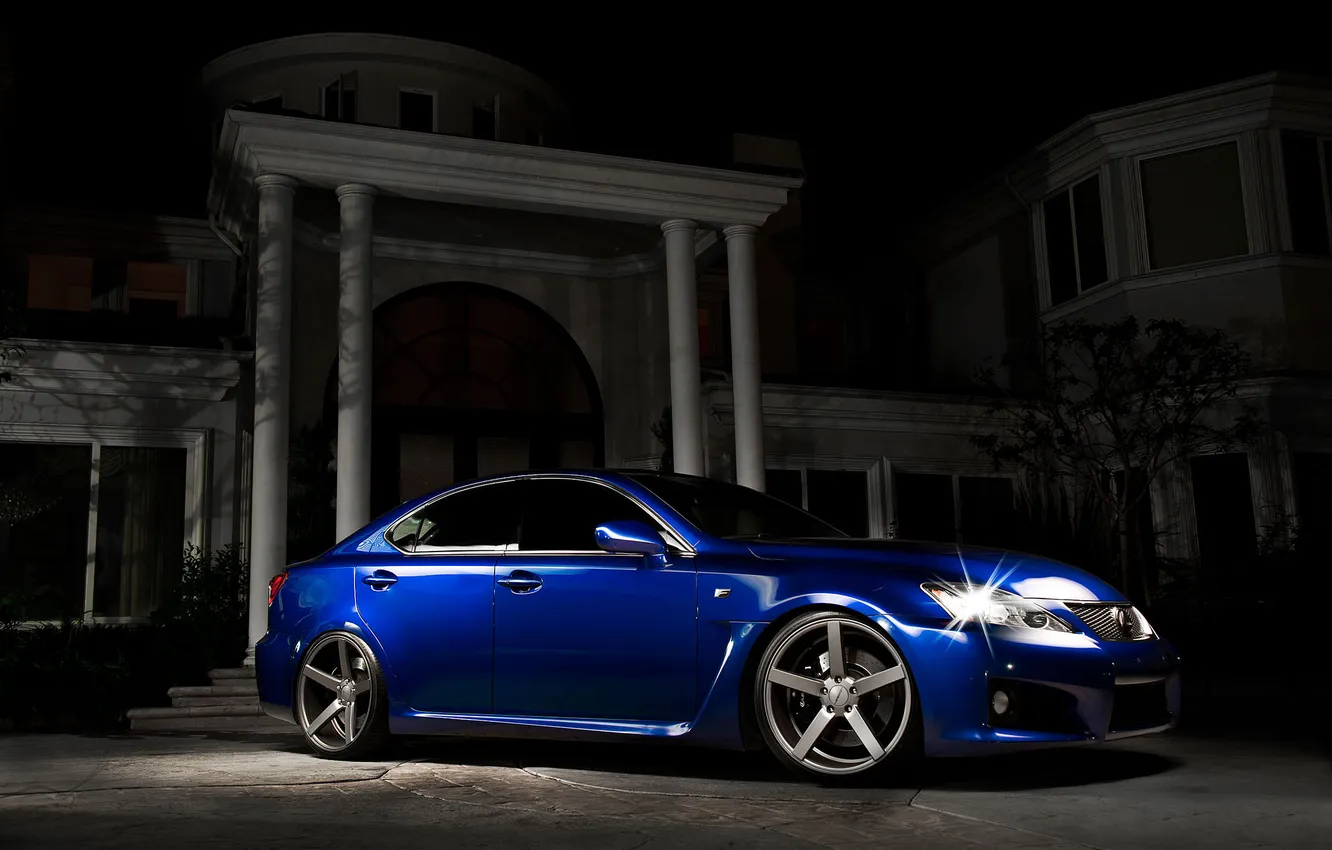 Фото обои ночь, синий, дом, тень, Lexus, blue, лексус, передняя часть