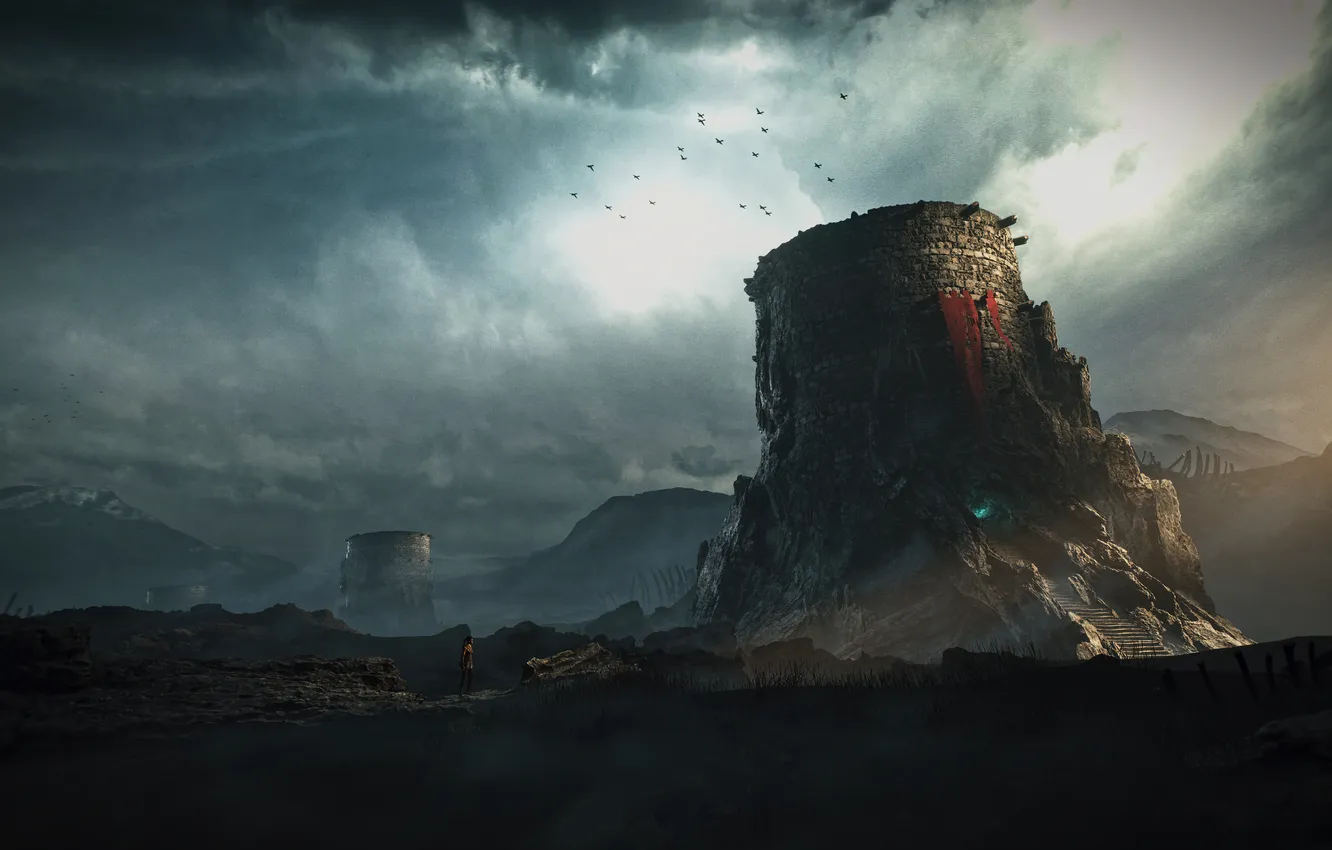 Фото обои небо, башня, mountains, Town, 3D ART, Karim Yasser, Dark Ages