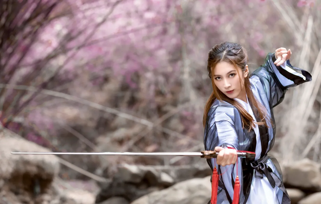 Фото обои девушка, меч, азиатка