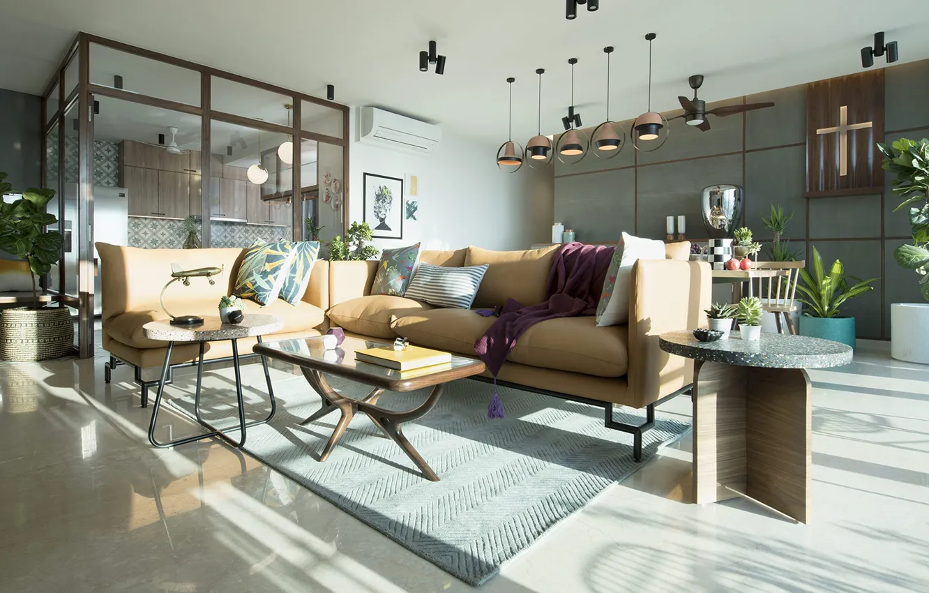 Фото обои дизайн, стиль, интерьер, Индия, гостиная, Mumbai apartment, by 3BHK interiors MuseLab
