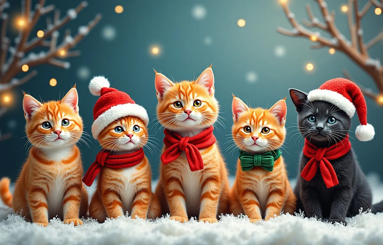 Фото обои зима, взгляд, снег, кошки, ветки, поза, котенок, серый