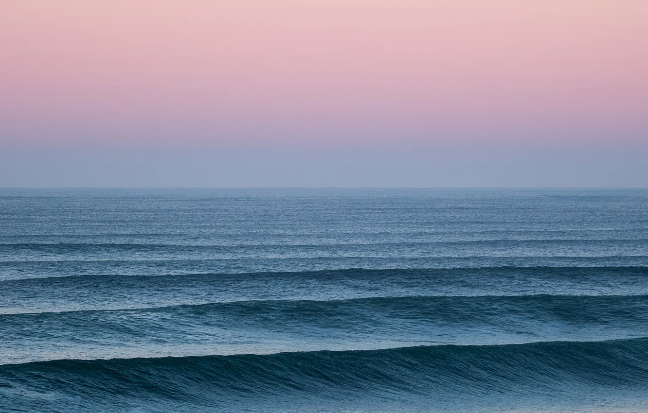Фото обои море, волны, небо, закат, горизонт, бесконечность, розовый небо