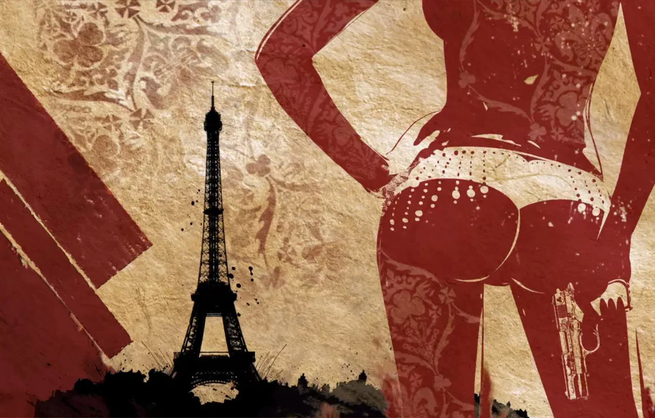 Фото обои попа, девушка, пистолет, оружие, узор, эйфелева башня, париж, франция