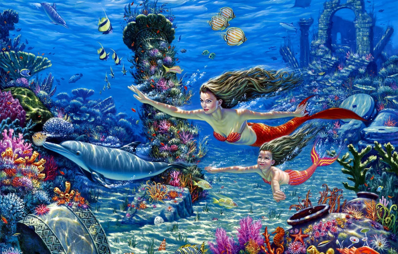 Фото обои рыбы, кораллы, арт, дельфины, подводный мир, русалки, морское дно, Wil Cormier