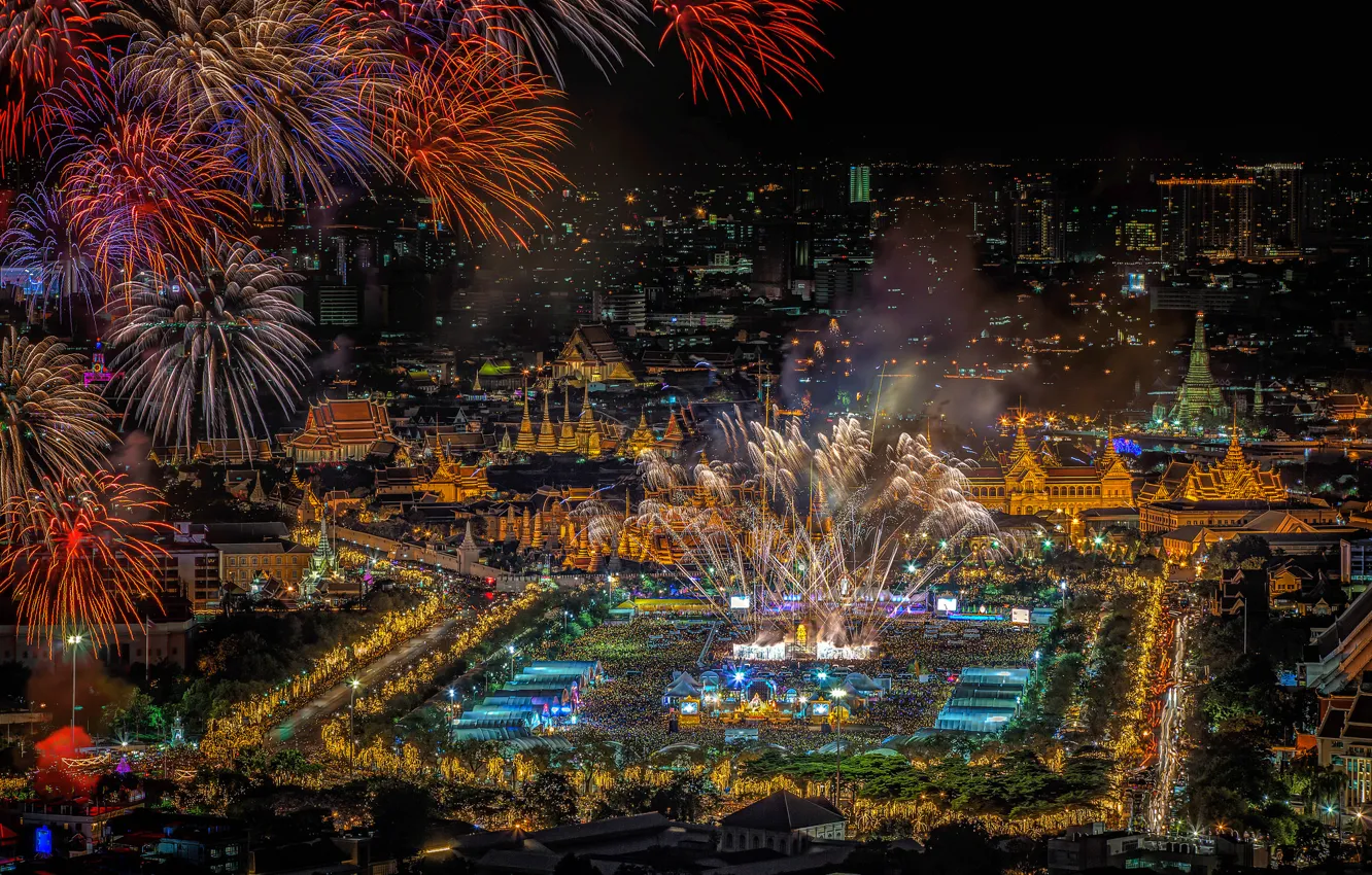Фото обои ночь, огни, праздник, салют, панорама, Таиланд, фейерверк, Бангкок