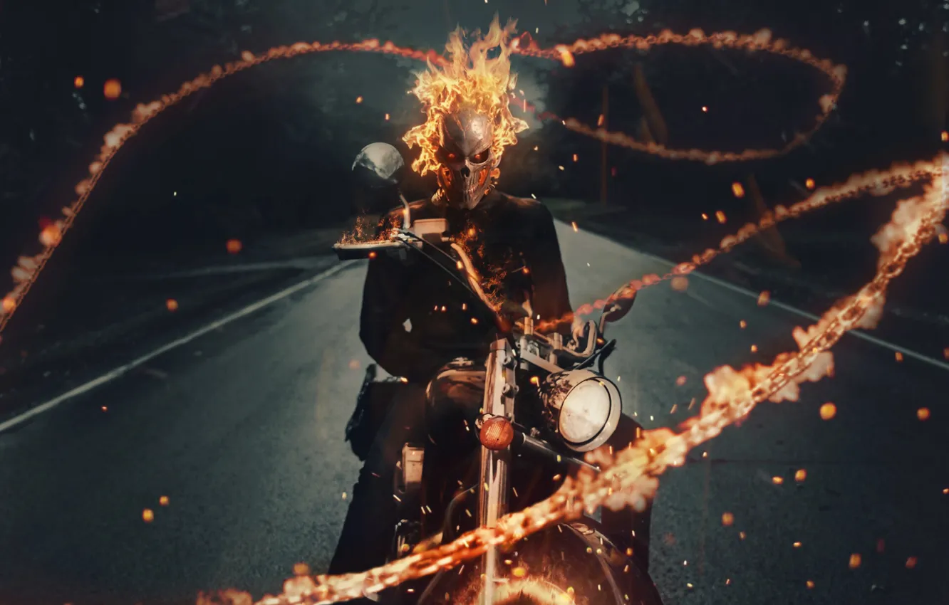 Фото обои Череп, Огонь, Цепь, Байк, Мотоцикл, Ghost Rider, Призрачный гонщик, Пламя