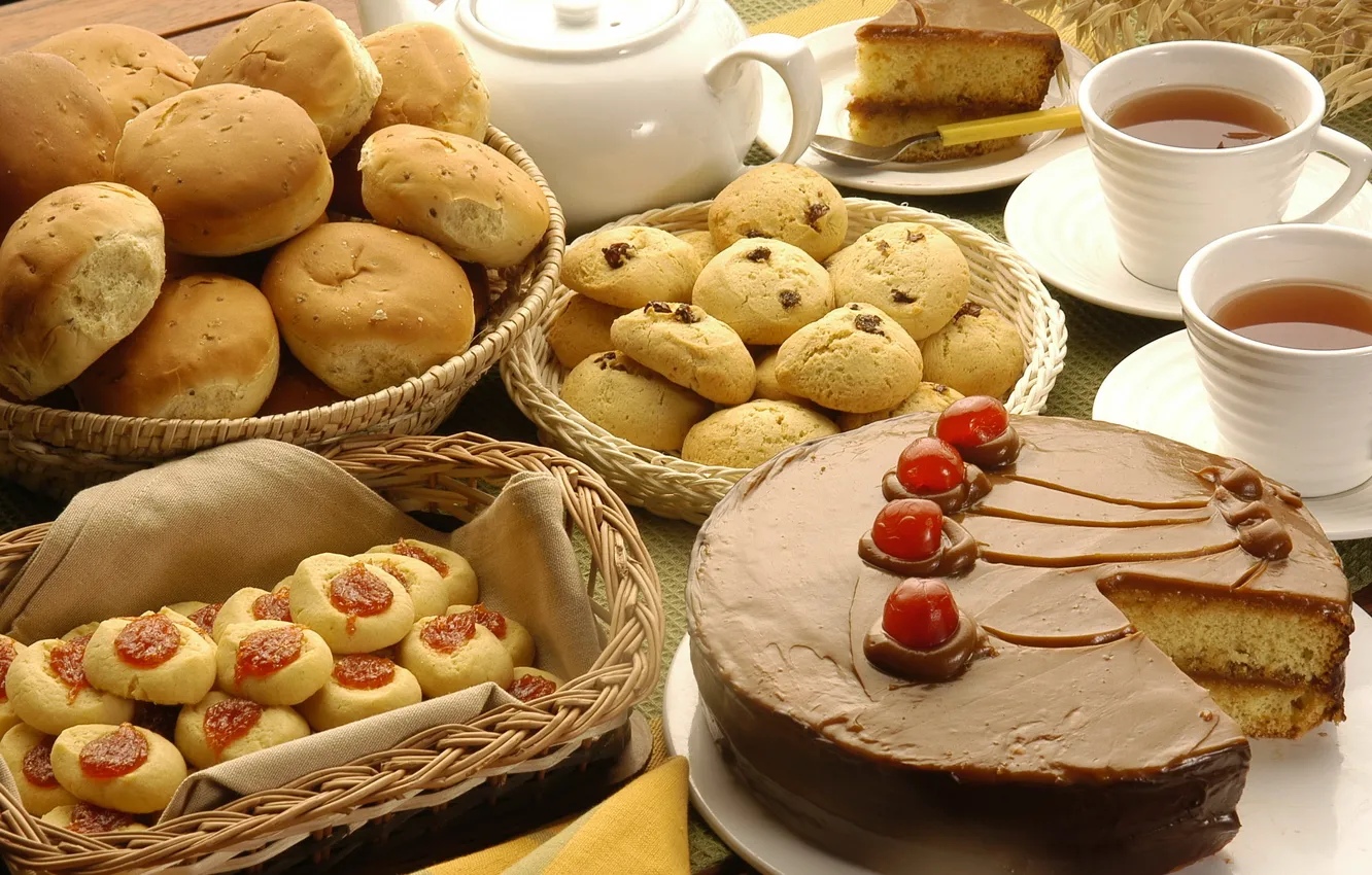 Фото обои вишня, чай, кофе, еда, шоколад, печенье, клубника, кружка