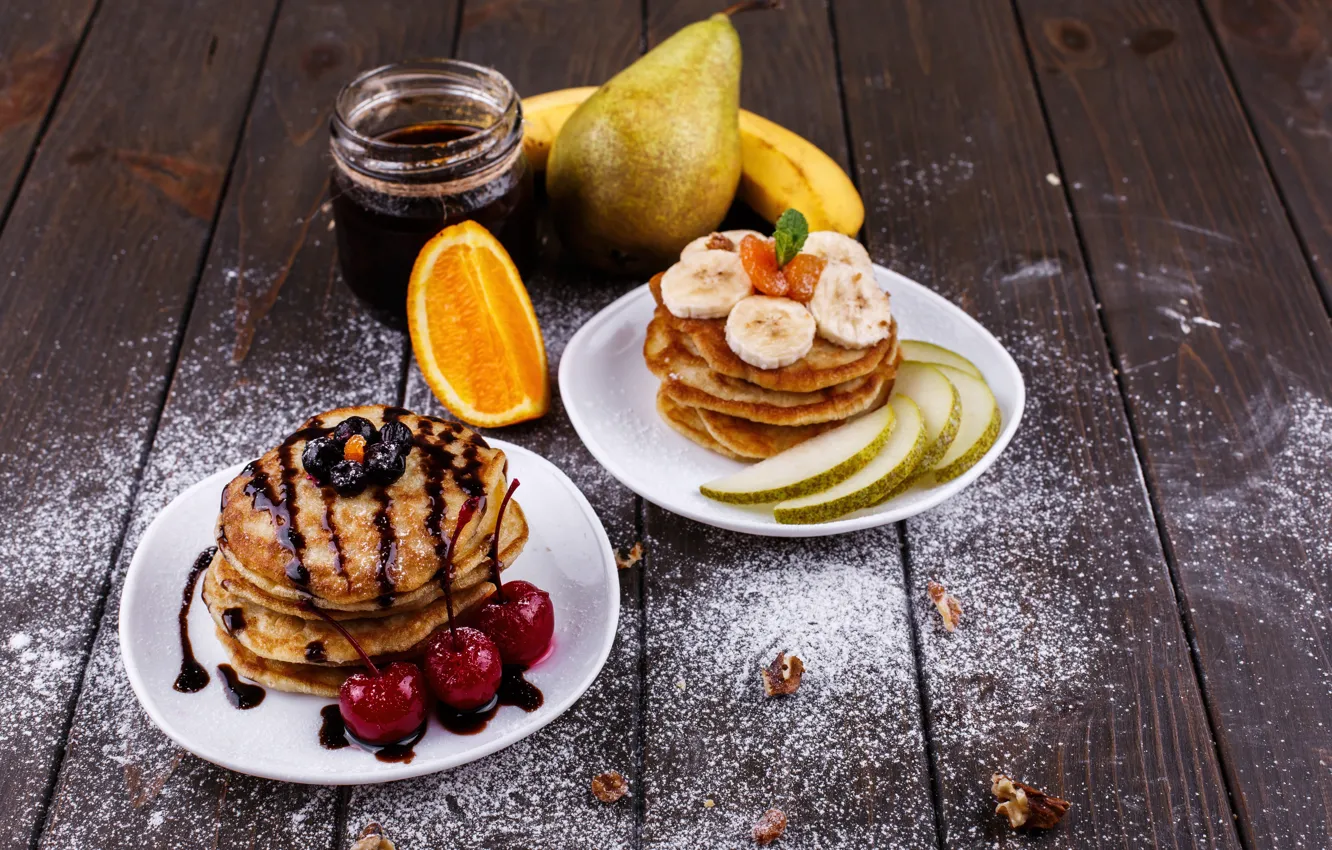 Фото обои апельсин, еда, завтрак, банан, джем, chocolate, pears, breakfast