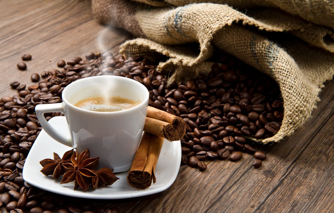 Фото обои кофе, чашка, корица, кофейные зерна, coffee, анис