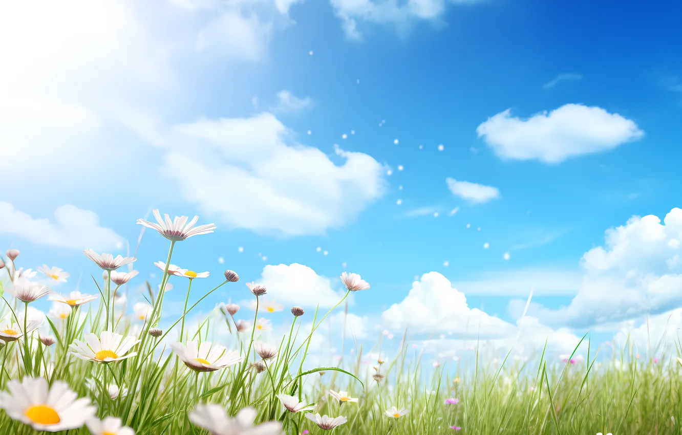 Фото обои поле, цветы, ромашки, весна, sunshine, цветение, blossom, flowers