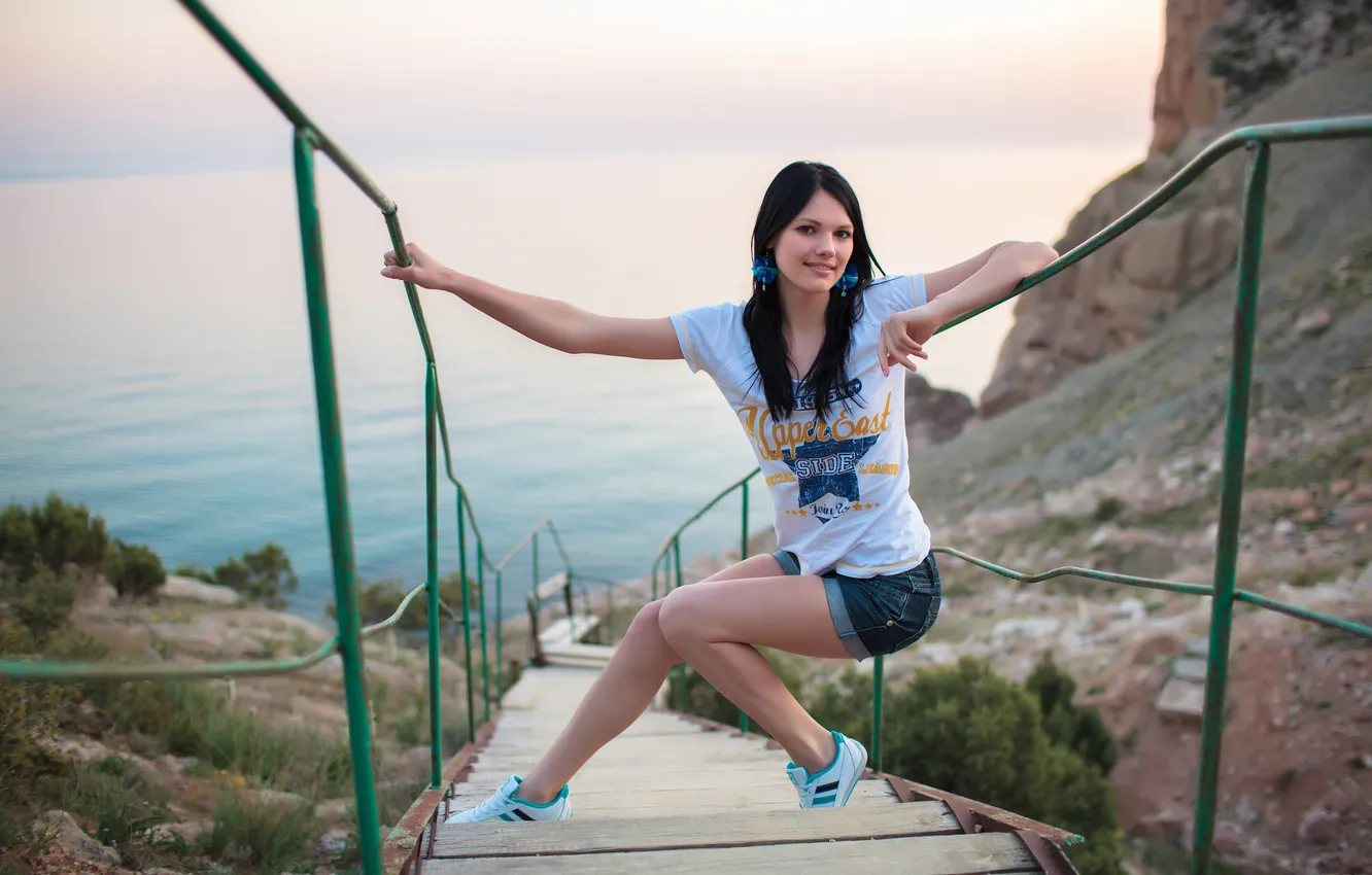 Фото обои girl, T-shirt, sneakers, MetArt, white tops, no socks