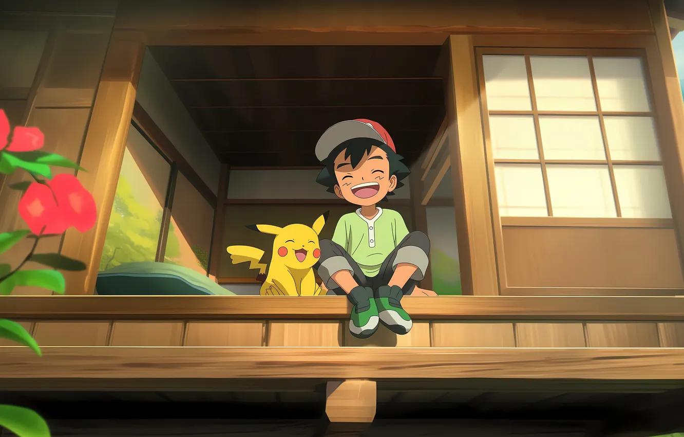 Фото обои Anime, Pokemon, Pikachu, Scenic, Adorable, Ash Ketchum, Laughing