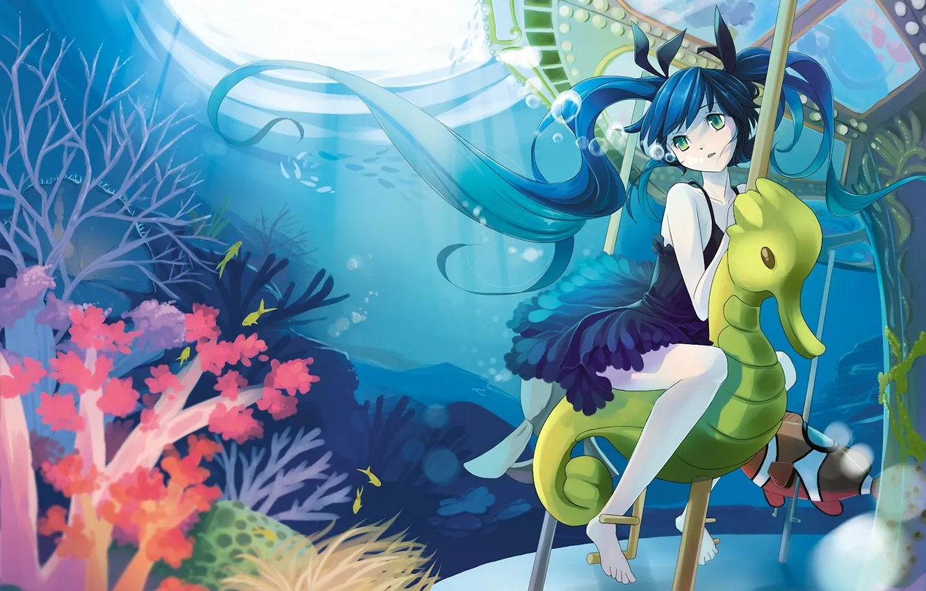 Фото обои девушка, пузырьки, кораллы, арт, морской конек, карусель, vocaloid, hatsune miku