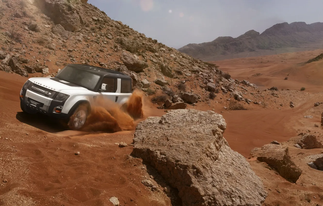 Фото обои песок, Concept, небо, камни, пустыня, концепт, Land Rover, передок