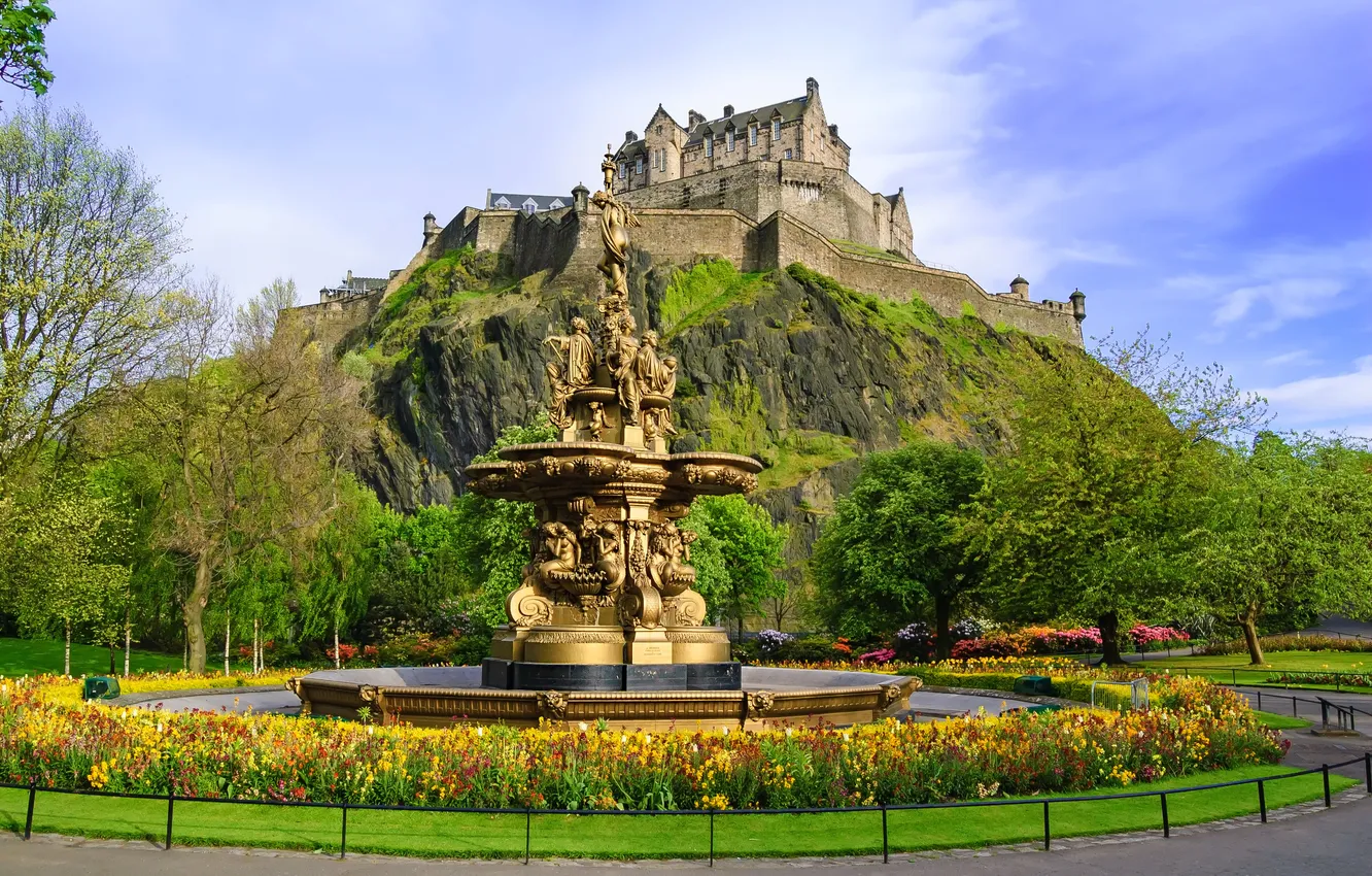 Фото обои город, фото, замок, Шотландия, фонтан, Edinburgh, Ross fountain