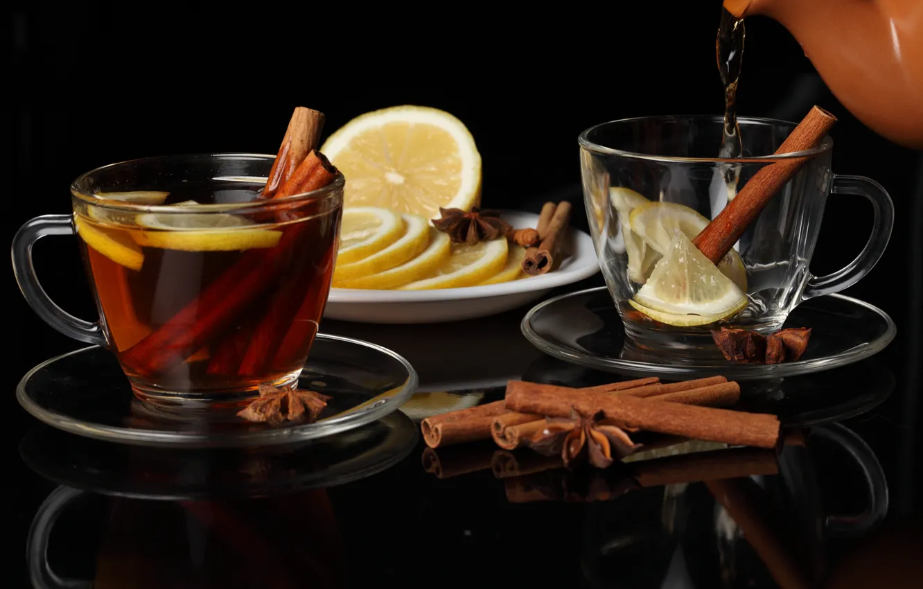 Фото обои лимон, чай, чайник, чашки, корица