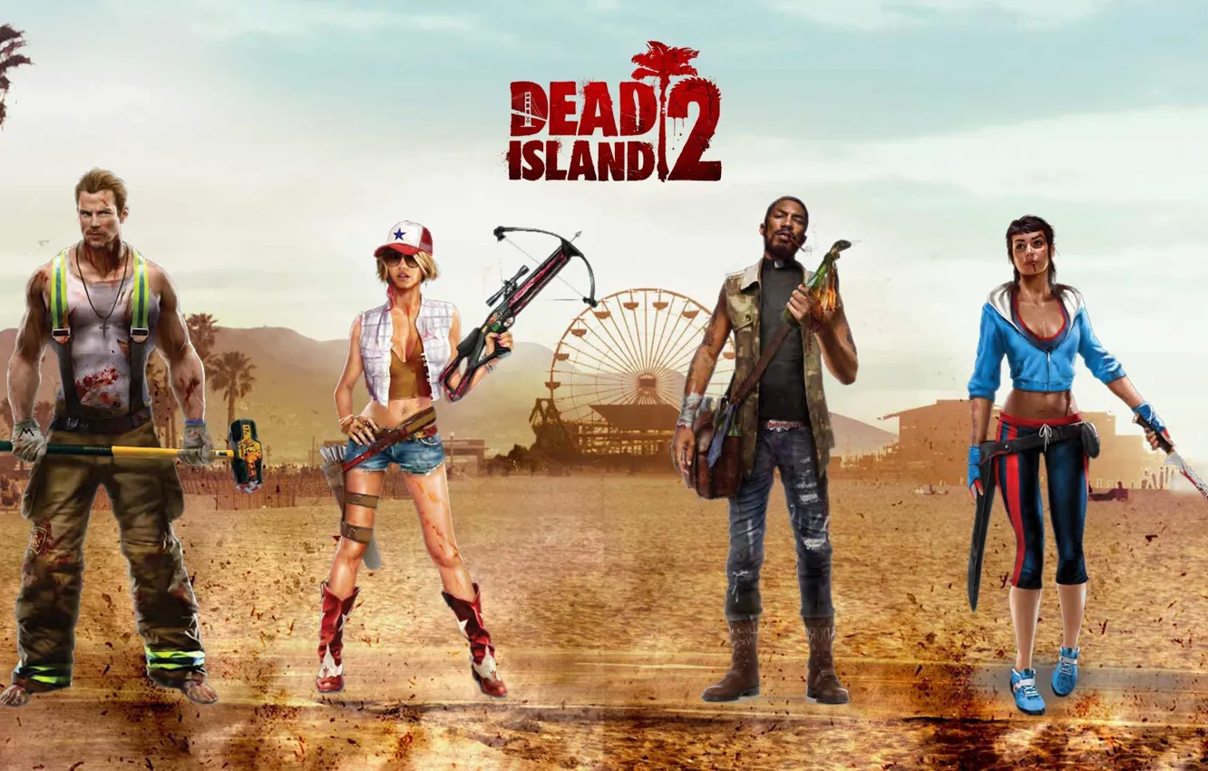 Фото обои girl, blood, game, man, machete, Dead Island, cast, sledgehammer