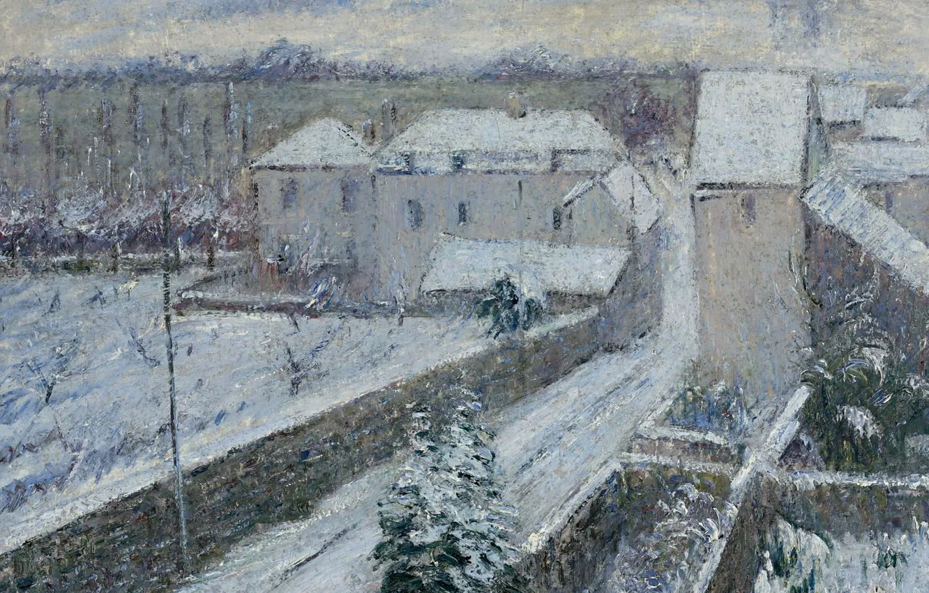 Фото обои зима, дома, картина, городской пейзаж, Гюстав Луазо, Gustave Loiseau, Вид на Триель под Снегом