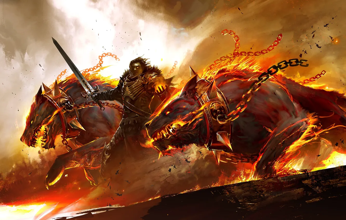Фото обои огонь, меч, доспехи, воин, ошейник, цепи, Guild Wars 2, псы