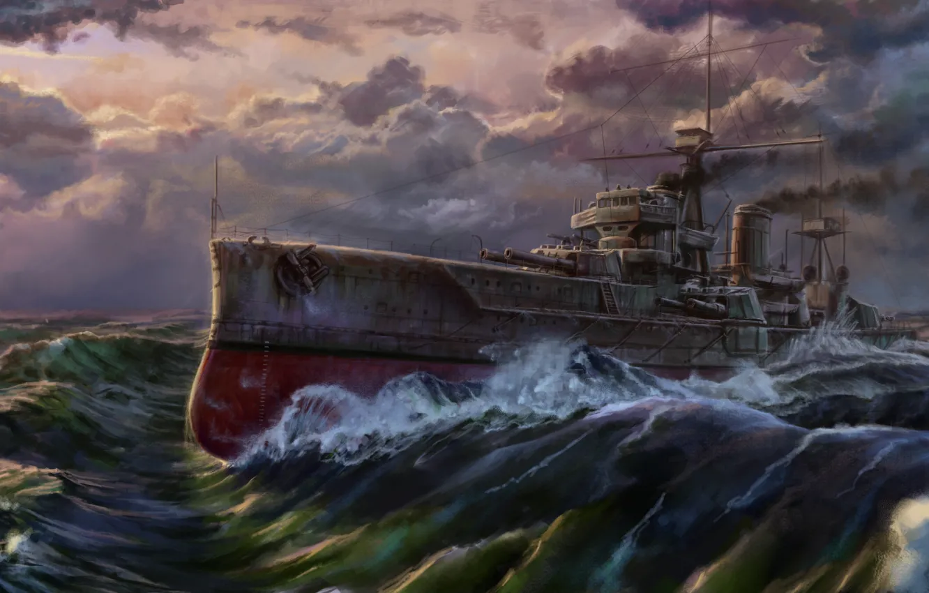 Фото обои море, волны, корабль, пушки, dreadnought