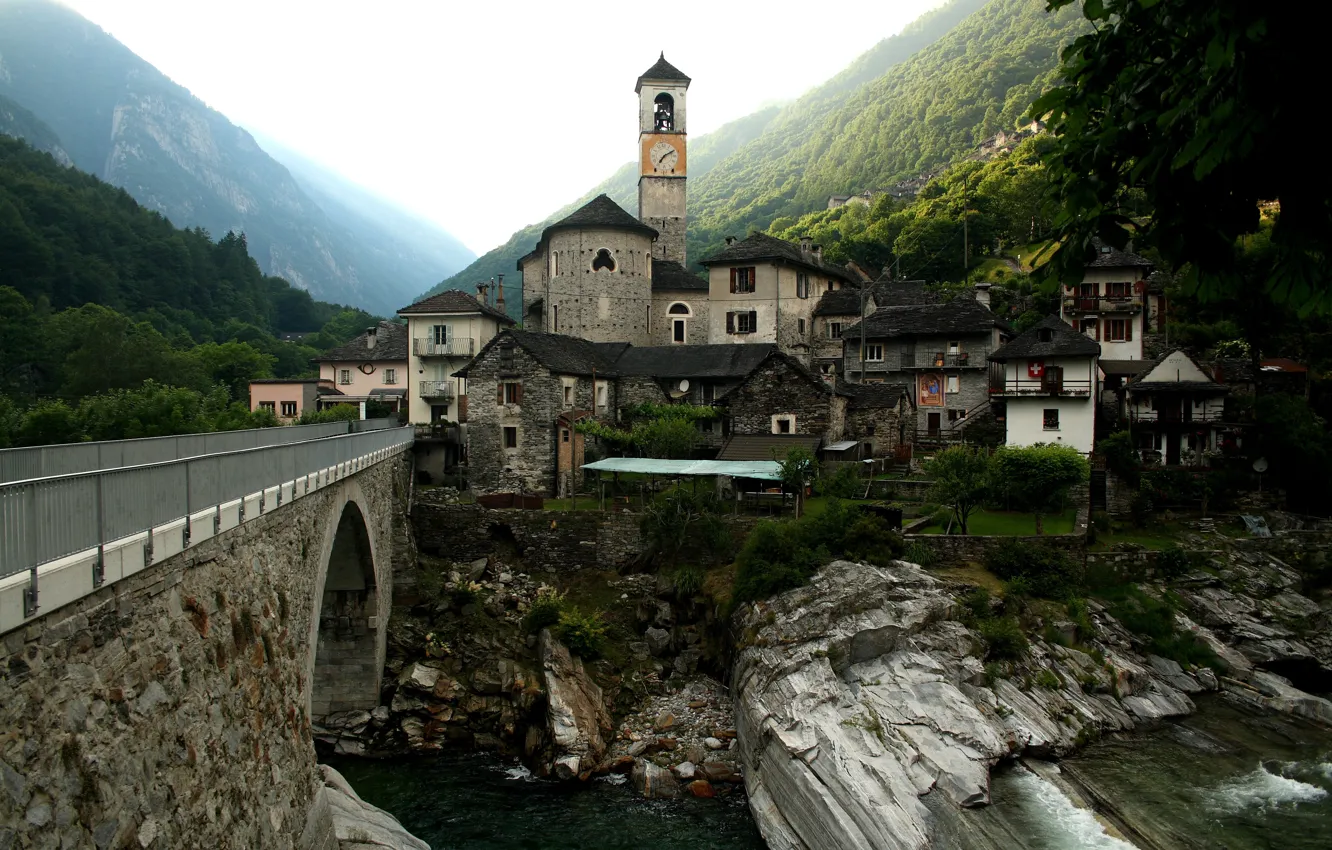 Фото обои Горы, Река, Швейцария, Lavertezzo