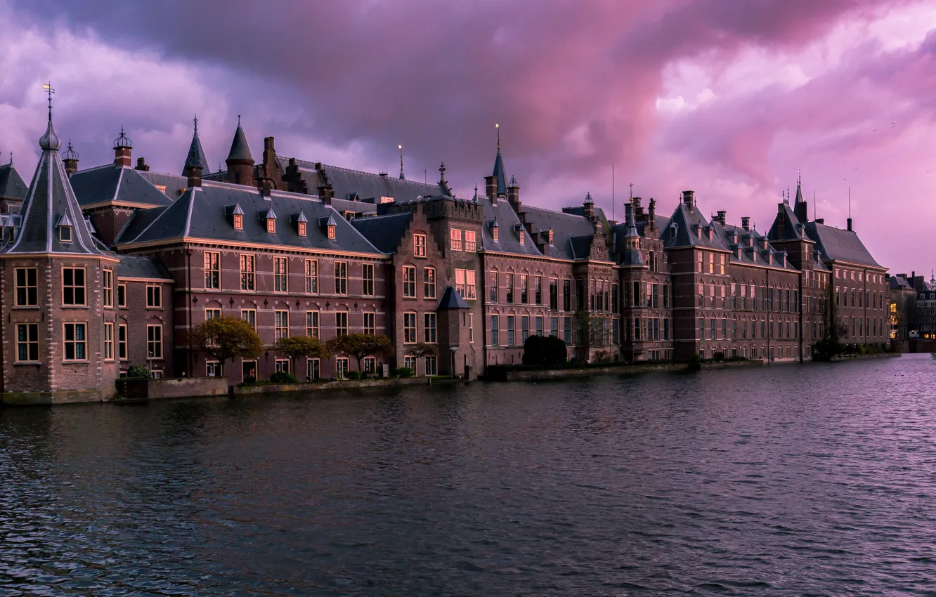 Фото обои закат, дома, Нидерланды, the Hague