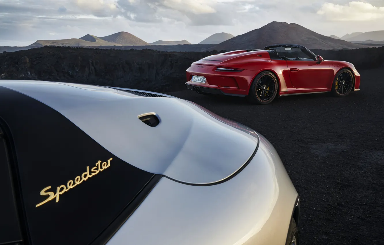 Фото обои красный, 911, Porsche, Speedster, 991, 2019, серо-серебристый, горбы