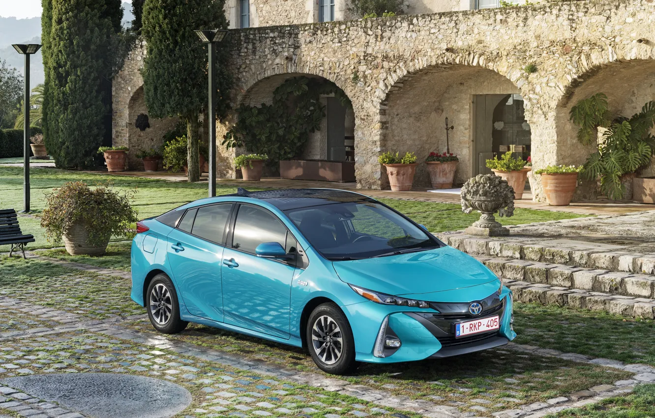 Фото обои Голубой, Toyota, Автомобиль, Hybrid, Prius, Металлик, Plug-in, 2016-17