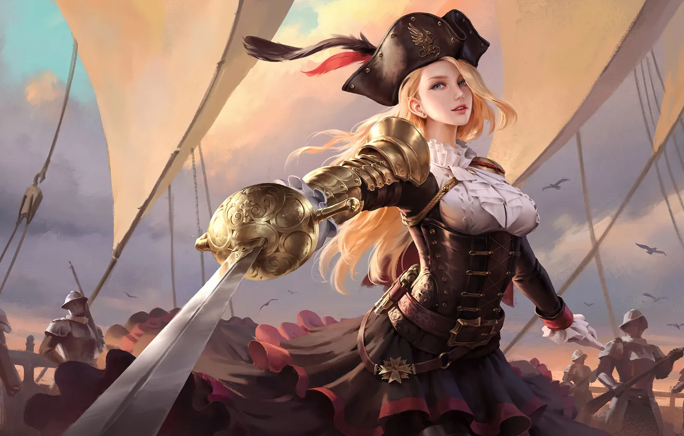 Фото обои girl, sword, fantasy, armor, pirate, hat, blue eyes, blonde