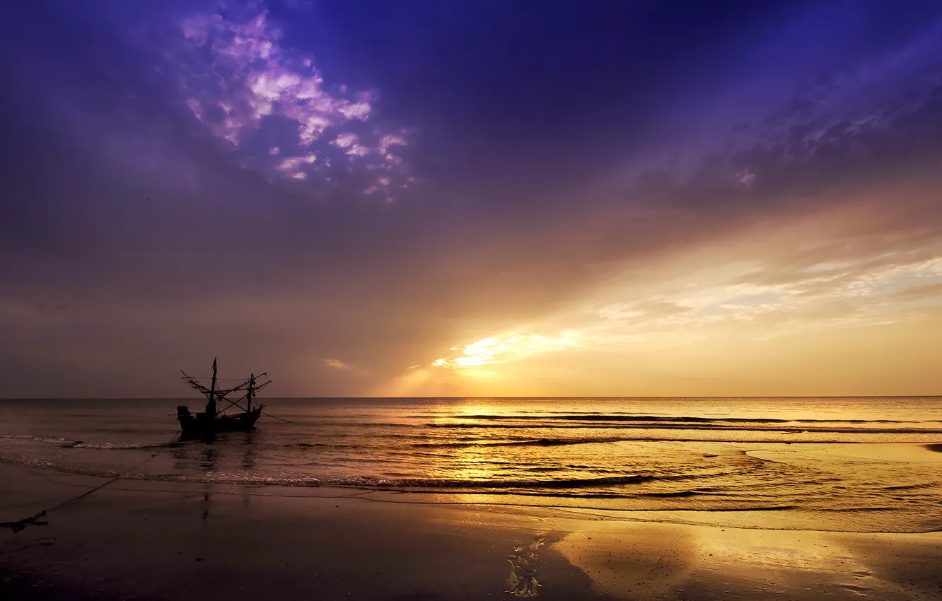 Фото обои море, пейзаж, закат, лодка