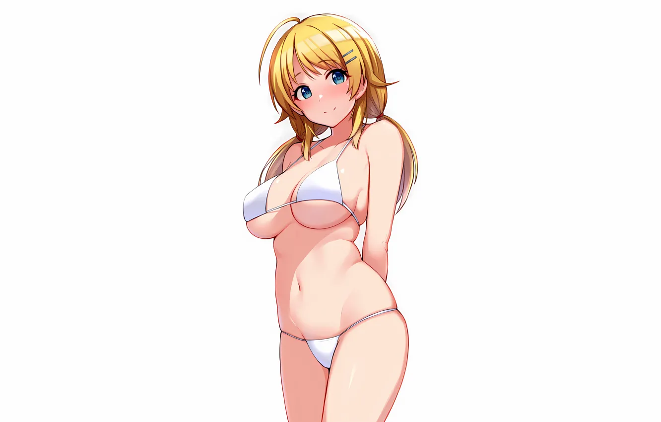 Фото обои girl, sexy, cleavage, long hair, boobs, anime, blue eyes, beautiful