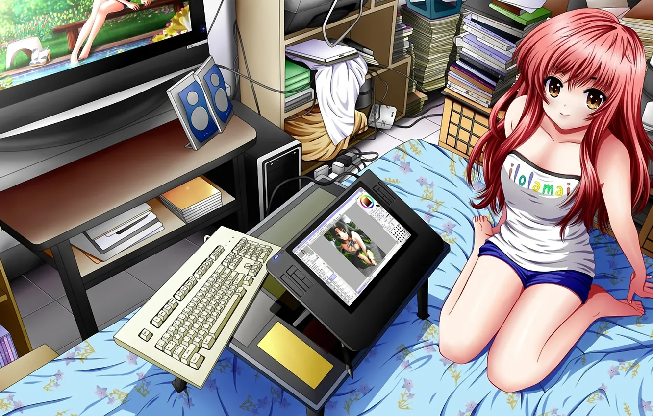 Фото обои компьютер, девушка, улыбка, книги, телевизор, арт, постель, диски