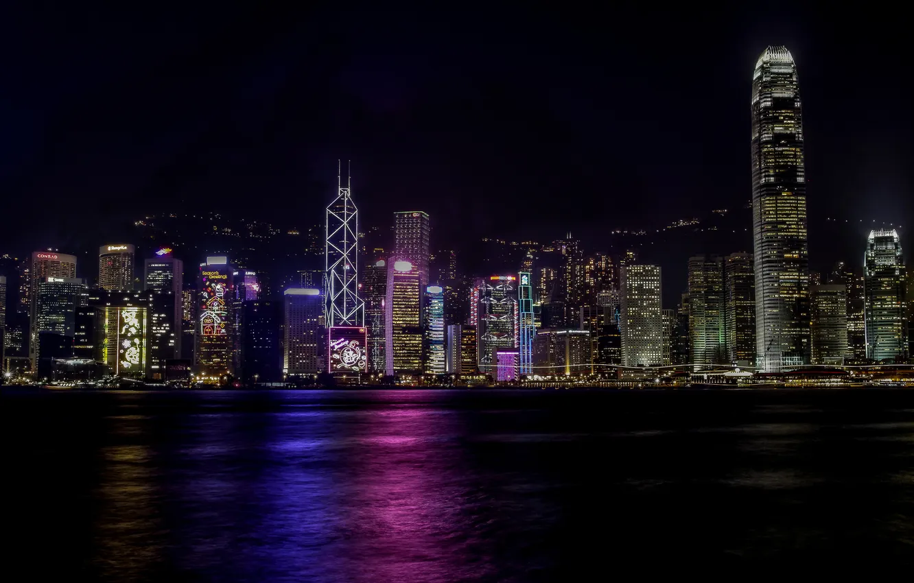 Фото обои ночь, город, огни, Гонконг, небоскребы, Hong Kong