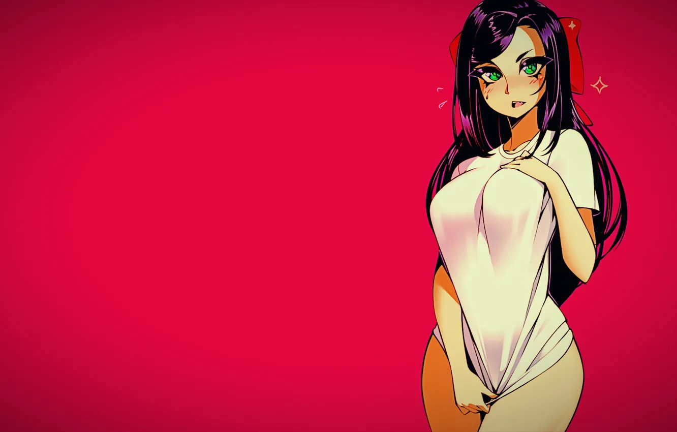 Фото обои green eyes, boobs, blush, big boobs, sweat, dark hair, thighs, looking at viewer