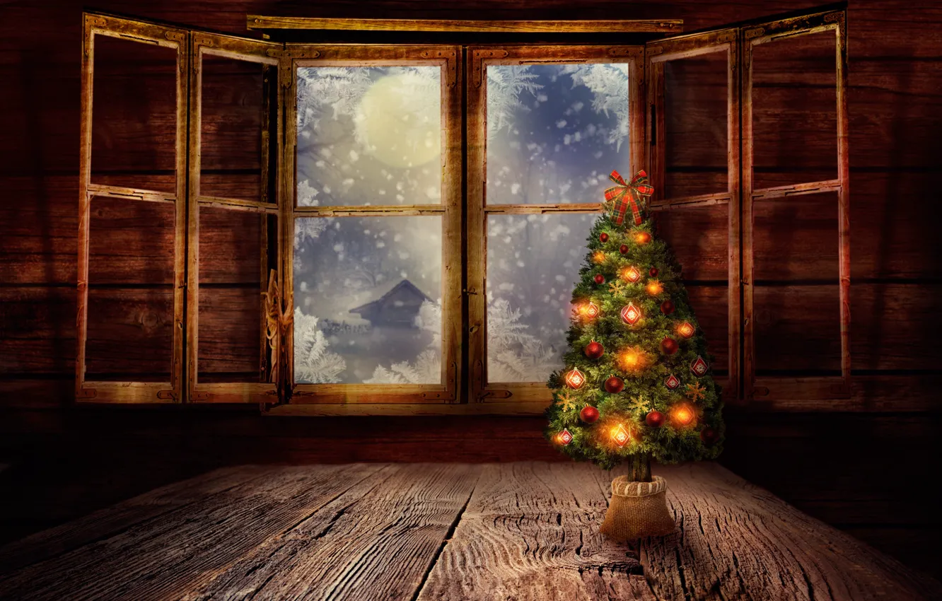 Фото обои снег, ночь, луна, окно, ёлка, ставни, ёлочные украшения