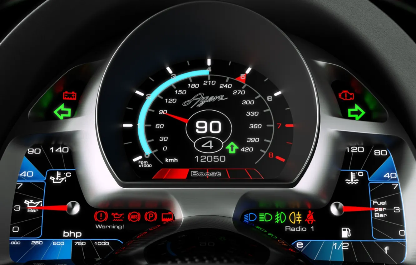 Фото обои спидометр, Koenigsegg, индикаторы, датчики, Agera, приборная панель, указатель уровня топлива, указатель температуры масла