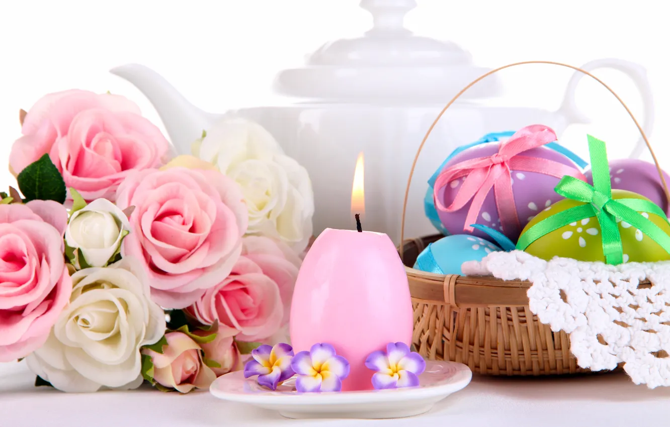 Фото обои цветы, розы, свеча, яйца, букет, Пасха, корзинка, крашенки