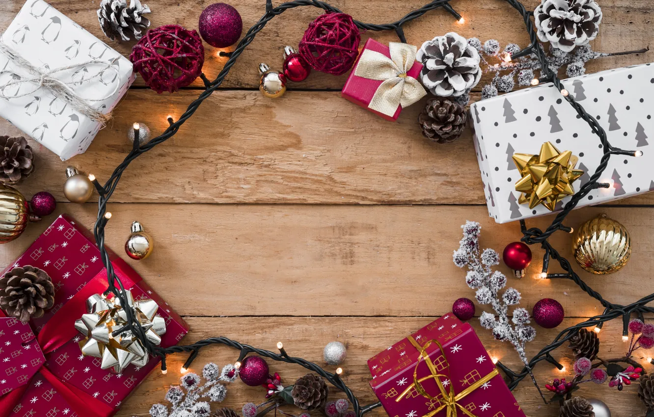 Фото обои украшения, Новый Год, Рождество, подарки, гирлянда, Christmas, wood, New Year