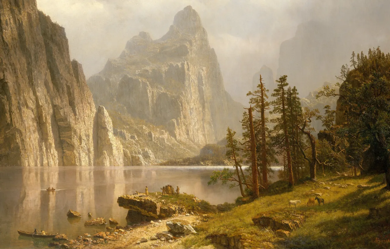 Фото обои картина, живопись, Yosemite Valley, painting, Albert Bierstadt, Merced River