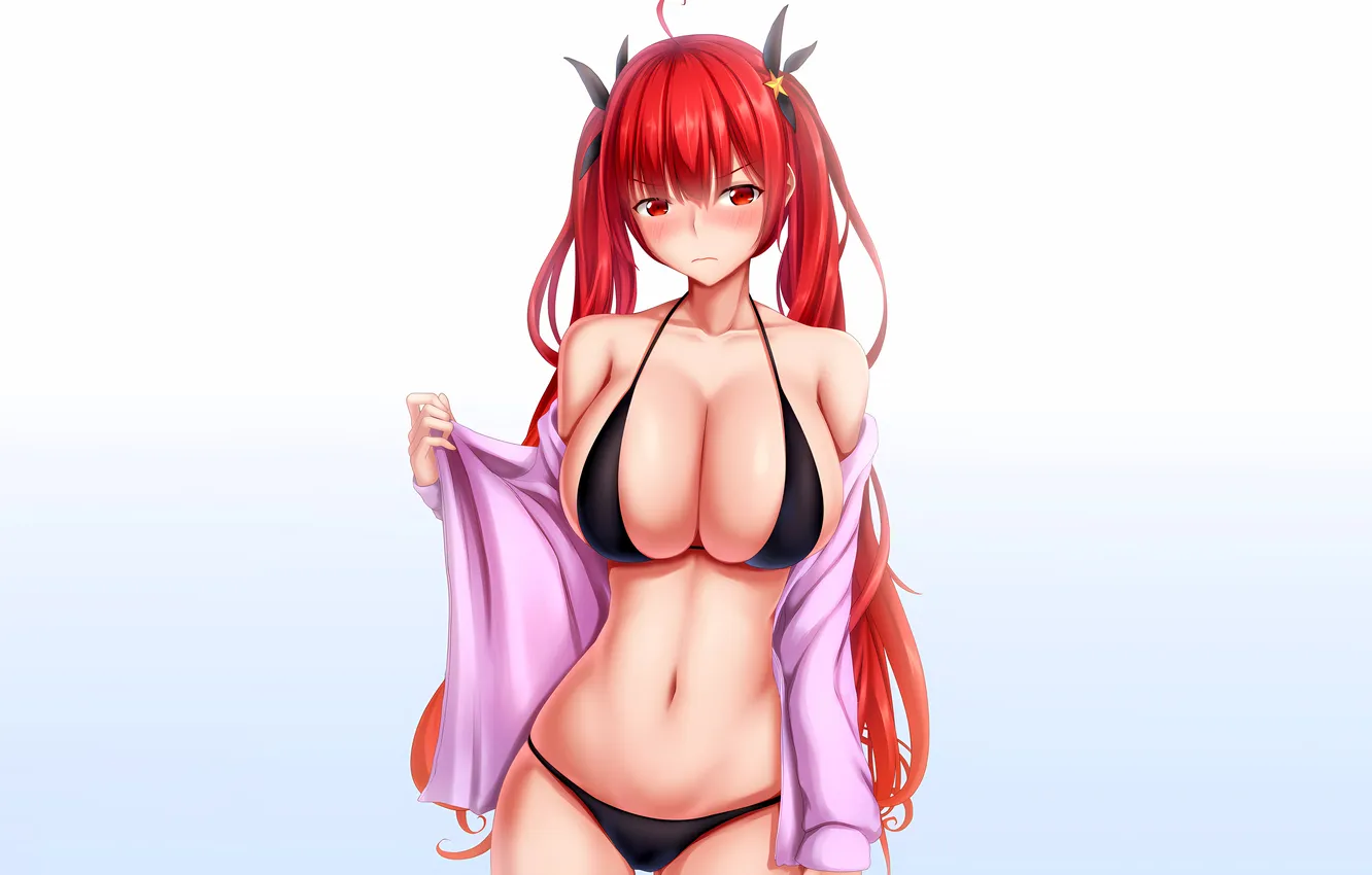 Фото обои girl, sexy, cleavage, red hair, long hair, boobs, sexy girl, anime