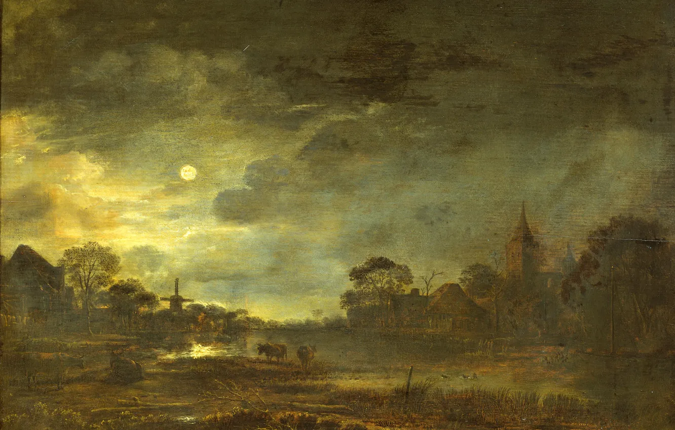 Фото обои масло, картина, Пейзаж в Лунном Свете, Арт ван дер Нер, Aert van der Neer, 1677