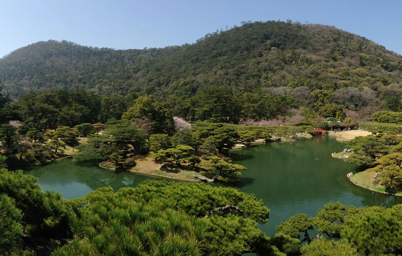 Фото обои пейзаж, природа, пруд, фото, Япония, сад, Takamatsu Ritsurin garden