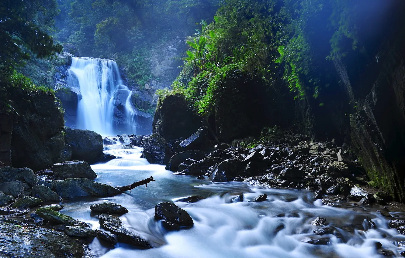 Фото обои пейзаж, природа, река, камни, водопад