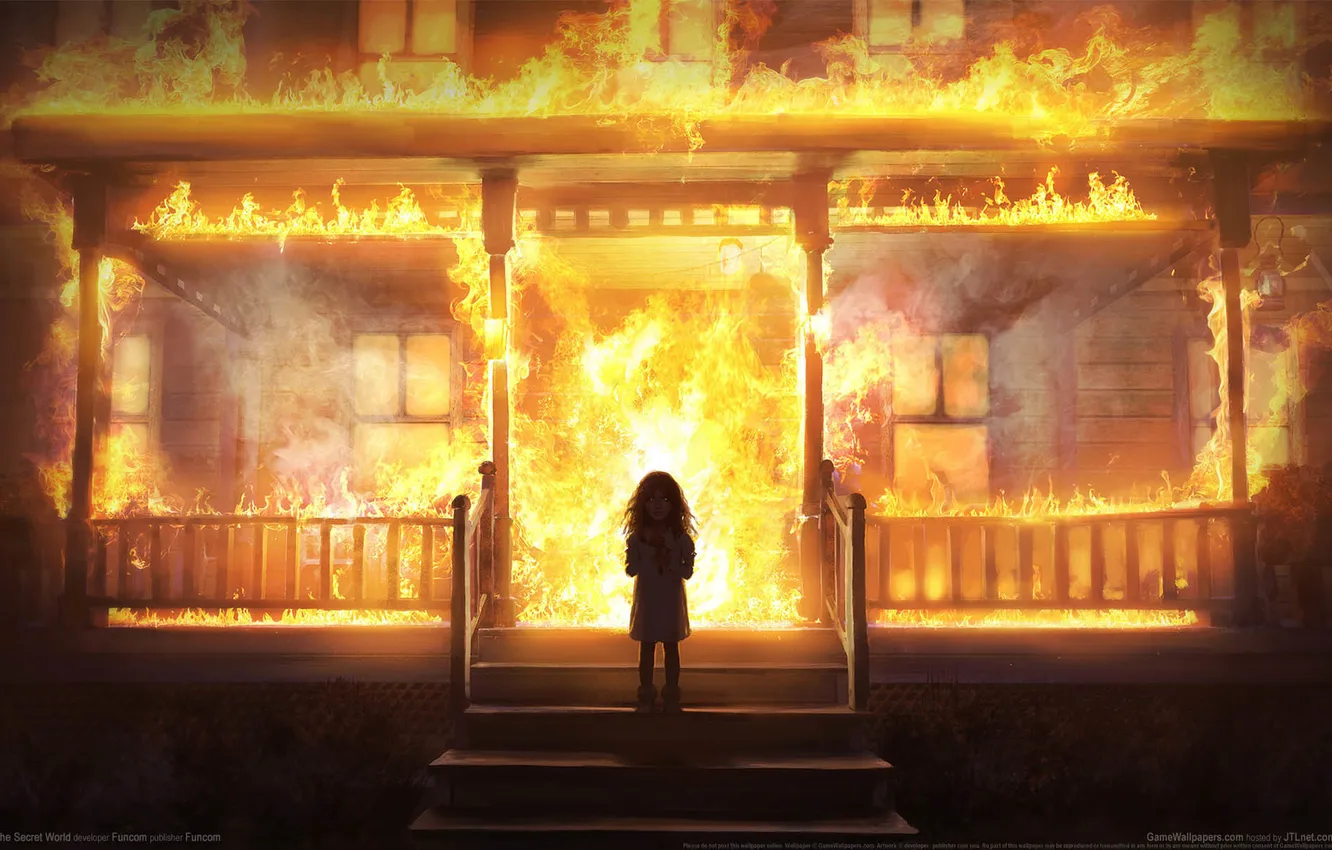 Фото обои пожар, огонь, здание, девочка, The Secret World, game wallpapers